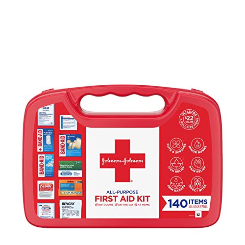 Johnson & Johnson All-Purpose First Aid Kit, Portable Compact First Aid Set for Minor Cuts, Scrapes, Sprains & Burns, Ideal for Home, Car, Travel and Outdoor Emergencies, 140 pieces
