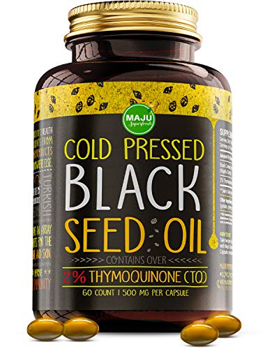 MAJU's Black Seed Oil Capsules - Cold Pressed, 3X% Thymoquinone, 100% Turkish Black Cumin Nigella Sativa Seed Oil, Organic BSO, Non-GMO, 100% Liquid Pure Blackseed Oil