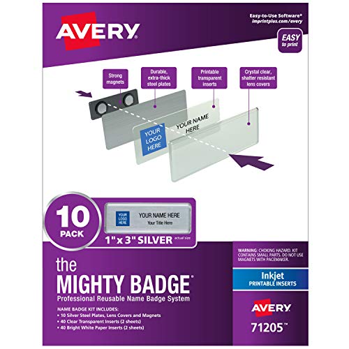 The Mighty Badge by Avery, 1' x 3' Silver Name Tags, 10 ID Badges, 80 Inserts for Inkjet Printers (71205)