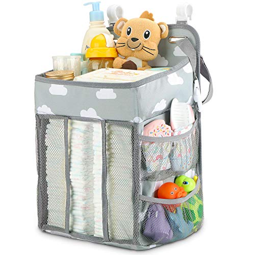 Hanging Diaper Caddy Organizer - Diaper Stacker for Changing Table, Crib, Playard or Wall & Nursery Organization Baby Shower Gifts for Newborn (Gray Cloud)