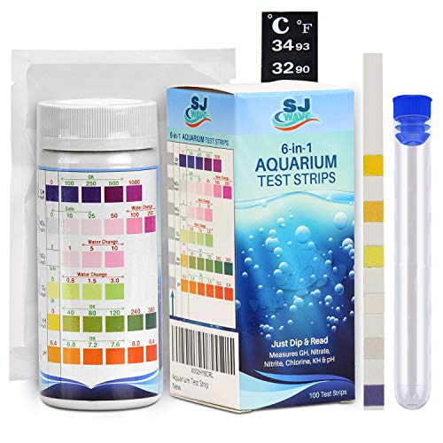 6 in 1 Aquarium Test Strips with Thermometer | Fast & Accurate Water Quality Testing Kit for Aquariums & Ponds | Monitors pH, Hardness, Nitrate, Temperature and More (100 Tests)