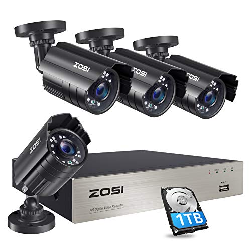 ZOSI 1080P Security Camera System with 1TB Hard Drive H.265+ 8CH 5MP Lite HD-TVI Video DVR Recorder with 4X HD 1920TVL 1080P Indoor Outdoor Weatherproof CCTV Cameras ,Motion Alert,Remote Access
