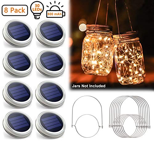 Urvoix Solar Mason Jar Lights - 8 Pack 30 Led String Waterproof Lids Lights with 8 Handle (Jars Not Included), Perfect for Outdoor Garden Patio Party Decorations