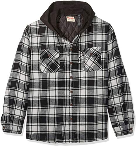 Wrangler Authentics Men's Long Sleeve Quilted Lined Flannel Shirt Jacket with Hood, Caviar With Black, X-Large