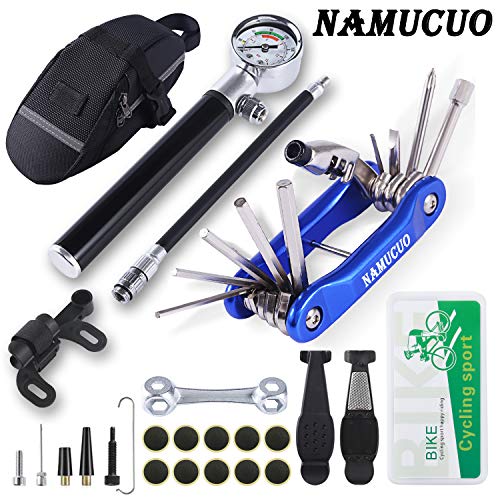 YBEKI NAMUCUO Bike Tyre Repair Tool Kit - Bicycle Tool kit with 210 Psi Mini Pump 10-in-1 Multi-Tool（with Chain Breaker）, Tyre Levers &Tire Patch, Bone Wrench, 1 Saddle Bag. 6 Month Warranty