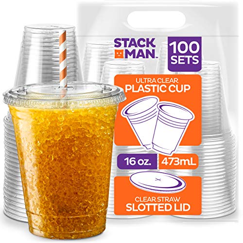 Stack Man [100 Sets - 16 oz.] Clear Plastic Cups with Straw Slot Lid, PET Crystal Clear Disposable 16oz Plastic Cups with lids