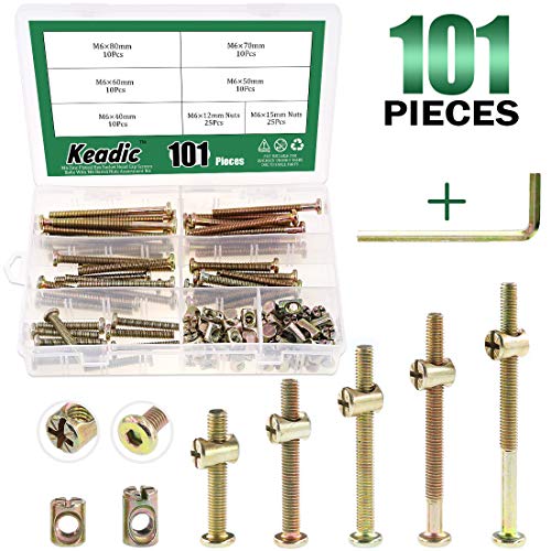 Keadic 100Pcs M6 40/50/60/70/80mm Baby Bed Screws Hardware Replacement Kit, Hex Socket Head Cap Screws Nuts for Furniture Cots Beds Crib, 1 Hex Key for Free - Zinc Plated High Speed Steel