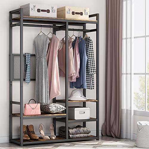 Tribesigns Free-Standing Closet Organizer, Large Double Rod Clothes Garment Rack with Shelves and Tie Rack, Heavy-Duty Wardrobe Closet Storage Organizer Clothing Shelving for Bedroom (Rustic Brown)