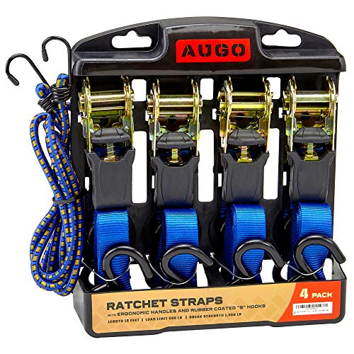 AUGO Ratchet Tie Down Straps - 4 Pk - 15 Ft- 500 Lbs Load Cap- 1500 Lb Break Strength- Cambuckle Alternative- Cargo Straps for Moving Appliances, Lawn Equipment, Motorcycle - Includes 2 Bungee Cord