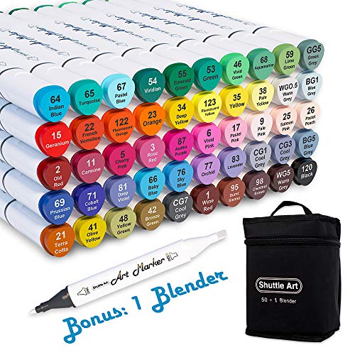 Shuttle Art 51 Colors Dual Tip Alcohol Based Art Markers, 50 Colors plus 1 Blender Permanent Marker Pens Highlighters with Case Perfect for Illustration Adult Coloring Sketching and Card Making