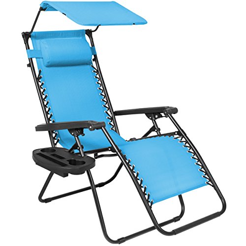 Best Choice Products Folding Steel Mesh Zero Gravity Recliner Lounge Chair w/Adjustable Canopy Shade and Cup Holder Accessory Tray, Light Blue