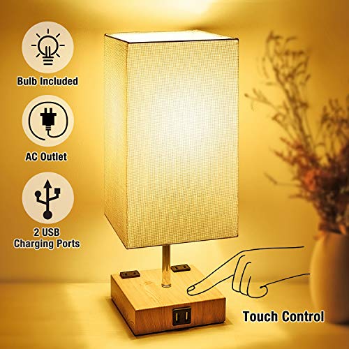 Iporovon Touch Control Table Lamp,3-Way Dimmable Modern Bedside Nightstand Lamp with Dual USB Charging Ports & AC Outlets,Fabric Shade,100W Equivalent Vintage LED Bulb Included, for Bedroom LivingRoom