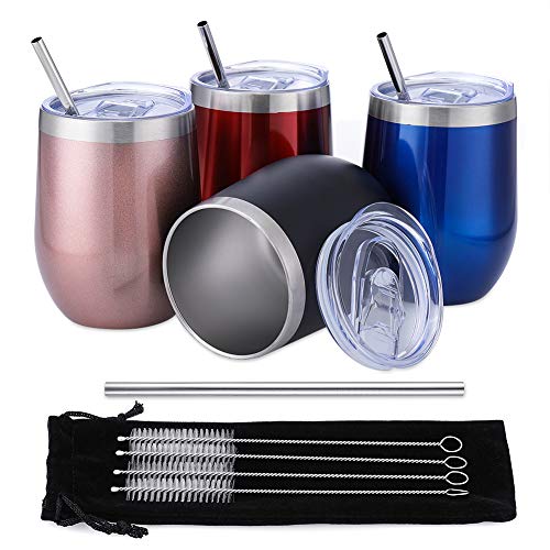 Comfook 4 Pack 12OZ Stainless Steel Wine Glass Tumbler Set with Lids, Stemless Vacuum Insulated Wine Glasses with Straws Brushs and Spill Proof Lid for Parties, Bars,Home, Work, Travel, Fashion,Light