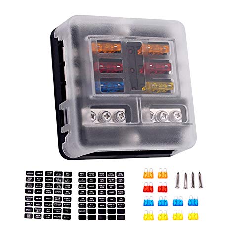 6-Way Fuse Block with Ground, 6 Circuit ATC/ATO Fuse Box Holder with Negative Bus, Protection Cover & LED Light Indication, Bolt Terminals, 70 pcs Stick Label, for Auto Marine, Boat, with 12 pcs Fuse