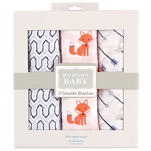 Hudson Baby Unisex Baby Cotton Muslin Swaddle Blankets, Foxes 3-Pack, One Size