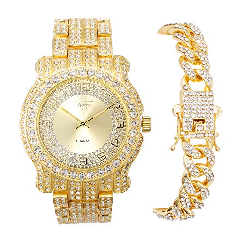 Mens Gold Tone Watch Iced Out 45mm Case with Shiny Gold Dial and ICY Band Studded with Diamonds + 12mm Iced Culture Cuban Link Bracelet with Butterfly Clasp - Hip Hop Inspired Combo