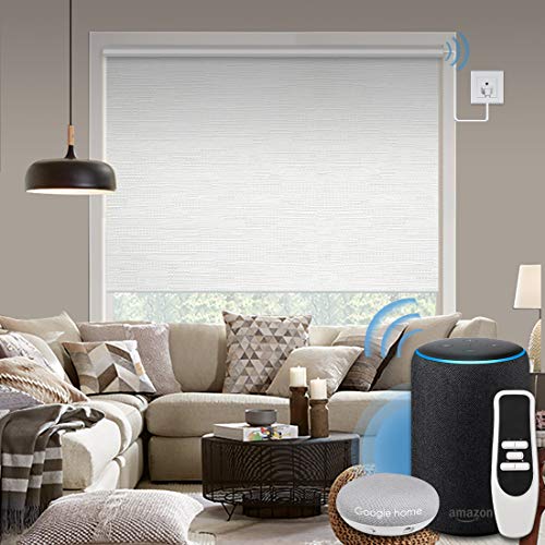 Graywind Motorized 100% Blackout Roller Shade with Alexa Google Smart Home Control Build-in Hardwired Window Shades Thermal Insulated Window Blinds, Customized Size (Jacquard White)