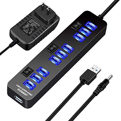 USB Hub 3.0, ELEGIANT 10-Port High Speed Charger Hub 5Gbps Data Transfer with 5V/4A Power Adapter and Charging Ports only for Desktop PC