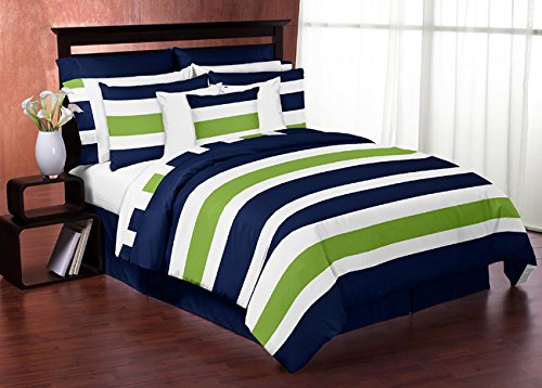 Navy Blue Lime Green and White Childrens, Kids, Teen 3 Piece Full/Queen Boys Stripe Bedding Set Collection