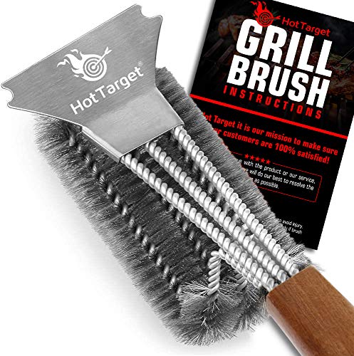 HOT TARGET 18' Super Sturdy Grill Brush and Scraper with Safe Extended Acacia Wooden Handle and Stainless-Steel Bristles – No Scratch Cleaning for Any Grill: Char Broil & Ceramic