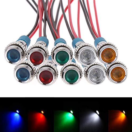 FICBOX 10pcs 6mm 1/4' LED Metal Indicator Light 12V Waterproof Signal Lamp Pilot Dash Directional Car Truck Boat with Wire