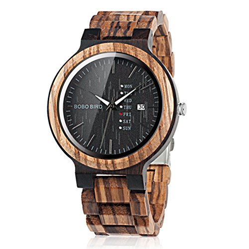 BOBO BIRD Mens Wooden Watch Analog Quartz with Week Display Lightweight Handmade Wood Wrist Watch for Men (Black Dial)
