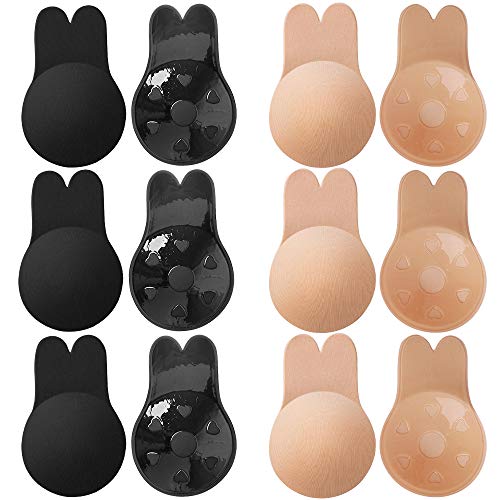 ONESING 6 Pairs Adhesive Bra Invisible Bra Strapless Backless Breast Lift Nipplecovers Sticky Rabbit Bra Reusable Breast Pasties for C / D Cup Nude and Black