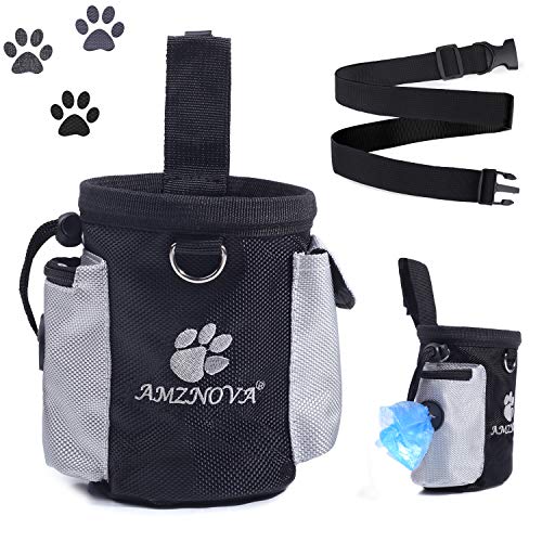 AMZNOVA Dog Treat Bag, Puppy Training Pouch, Animal Walking Snack Container Best Hiking Toys Pack Dispenser Carries with Waistband, Black