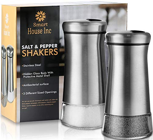 Salt and Pepper Shakers - Spice Dispenser with Adjustable Pour Holes - Stainless Steel & Glass -Set of 2 Bottles By Smart House Inc