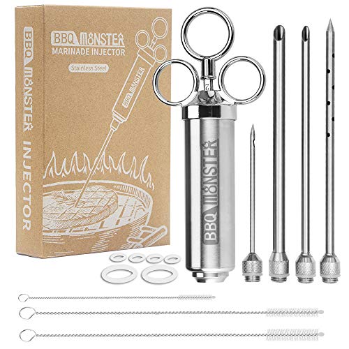 BBQ Monster Meat Injector Syringe Kit with 4 Professional Marinade Injector Needles for BBQ Grill Smoker, Turkey and Brisket; 2-oz Large Capacity, Including Paper User Manual, Recipe E-Book (PDF)