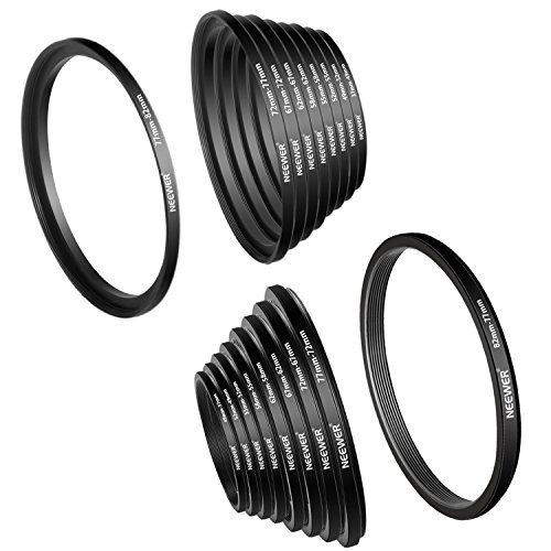 Neewer 18 Pieces Metal Camera Lens Filter Ring Adapter Kit - 9 Pieces Step Up Ring Setand 9 Pieces Step Down Ring Set for Canon Nikon Sony Olympus DSLR Camera, Black