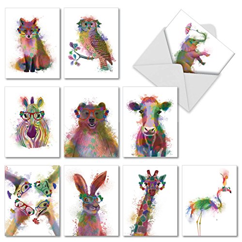 Funky Rainbow Wildlife, Box of 10 Blank Watercolor Note Cards with Envelopes - All Occasion Blank Greeting Cards - Cute Animal Thank You Notecard, Appreciation Stationery 4 x 5.12 Inch M4948OCB-B1x10