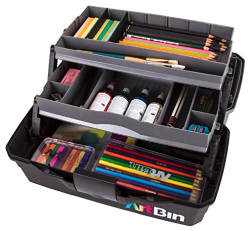 ArtBin 2 Art Supply Box Portable Art & Craft Organizer with Lift-Up Trays [1] Plastic Storage Case Gray/Black