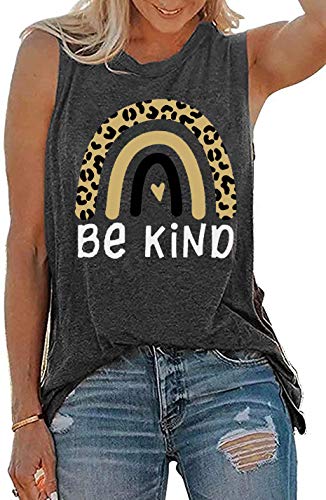 Be Kind Tank Tops for Women Cute Leopard Rainbow Sleeveless Casual Summer Teacher Tee Tanks (Dark Grey-Leopard, XXL)