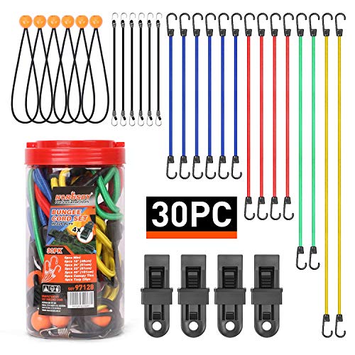 HORUSDY 30-Piece Premium Bungee Cords Assortment Jar, Includes 10”, 18”, 24”, 32”, 40” Bungee Cords, 8”Canopy/Tarp Ball Ties and Crocodile Mouth Tarp Clips