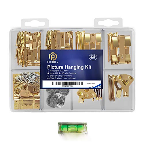 Pickily Premium 225 Piece Picture Hanging Kit, Assorted Picture Hangers Includes Nails, Hanging Wire, Screw Eyes, D Ring, Sawtooth for Wall Mounting, Mini-Gradient Level and Much More.