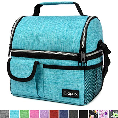 OPUX Insulated Dual Compartment Lunch Bag for Men, Women | Double Deck Reusable Lunch Pail Cooler Bag with Shoulder Strap, Soft Leakproof Liner | Large Lunch Box Tote for Work, School (Turquoise)