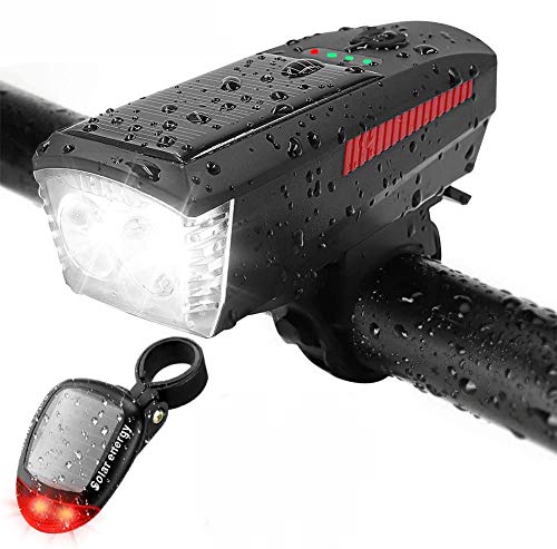 mafiti Bike Light Set 360 Lumens Cycle Light Front and Back and Horn Solar Powered USB RechargeableBicycle Headlight Taillight Combinations Back Light,Bell for Cycling Riding Safety Warning Speaker