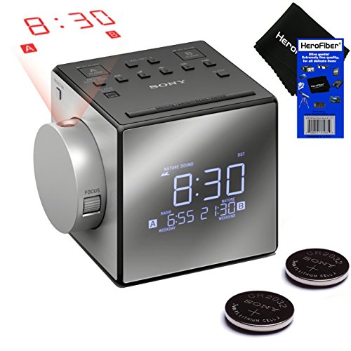 New & Improved - Sony Projector Dual Alarm Clock with Extendable Snooze, 5 Nature Sounds, AM/FM Radio, Built-in Calendar, Large LED Display & USB Port (Black) + 2 Sony Rplc. Batteries + HeroFiber