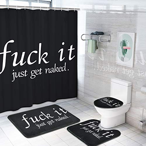 Funny Quotes Shower Curtain Sets with Non-Slip Rugs, Toilet Lid Cover and Bath Mat, Black and White Shower Curtains with 12 Hooks, Durable Waterproof Bath Curtain