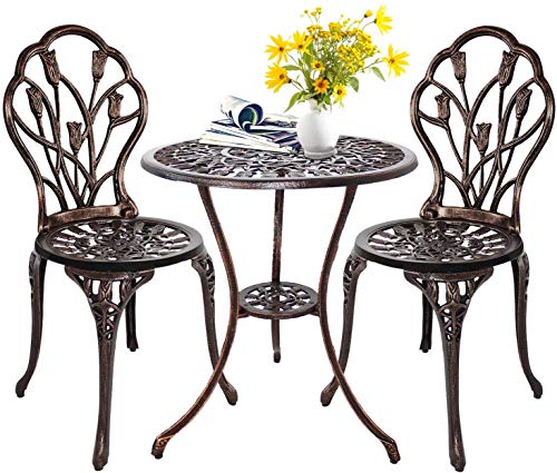 HOMEFUN Bistro Table Set, Outdoor Patio Set 3 Piece Table and Chairs, Tulip Carving and Weather Resistant-Antique Bronze