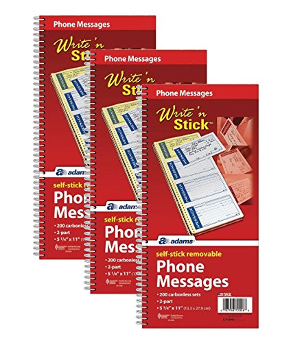 Adams Write 'N Stick Spiral Message Pad, 200 Carbonless Duplicate Sets Per Pad, 5.25 x 11 Inches, White/Yellow, Pack Of 3