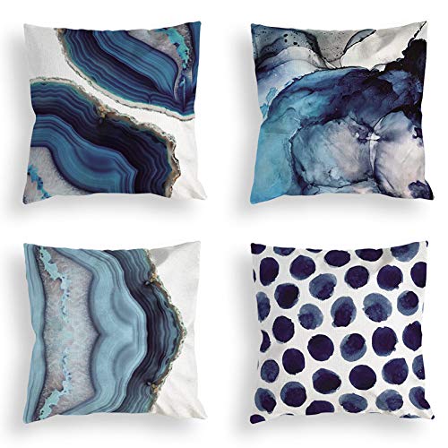 OATHENE Set of 4 Decorative Throw Pillow Covers,Navy Blue Marble Dots Sea Texture Cotton Linen Cushion Sofa Bedroom Car,Home Decor,18 x 18 Inch.1367
