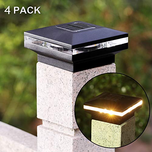 MAGGIFT 15 Lumen Solar Post Lights, Outdoor Post Cap Light for Fence Deck or Patio, Solar Powered Caps, Warm White High Brightness SMD LED Lighting, Lamp Fits 4x4, 5x5 or 6x6 Wooden Posts, 4 Pack