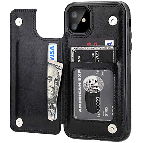 iPhone 11 Wallet Case with Card Holder,OT ONETOP PU Leather Kickstand Card Slots Case,Double Magnetic Clasp and Durable Shockproof Cover for iPhone 11 6.1 Inch(Black)
