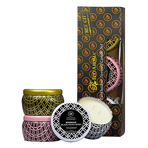 Eco Aroma Coco-Soy Candles, 3-Pack 24oz (8oz Ea) | Scented Tin Cans Black Velvet Rose, Pink Sands, Balsam & Cedar | Double Wicks Portable Travel Tin Candles Gifts Set for Women, Birthday