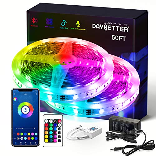 Daybetter Smart RGB Led Strip Lights with Bluetooth,50FT Led Lights for Bedroom APP Control,SMD5050 Multicolor led Light Strips Sync to Music Apply for Room,Kitchen,Bar,Party Decoration