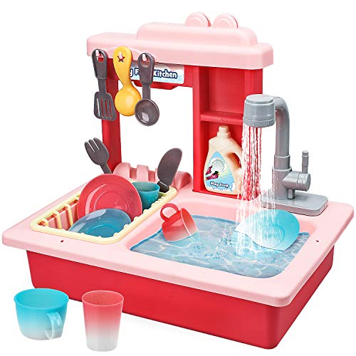 STEAM Life Kitchen Play Sink Toy with Color Changing Toy Dishes - Play Sink with Running Water - Pretend Play Kitchen Toys for Girls and Boys - Kitchen Toddler Sink Toy for Kids (Pink)
