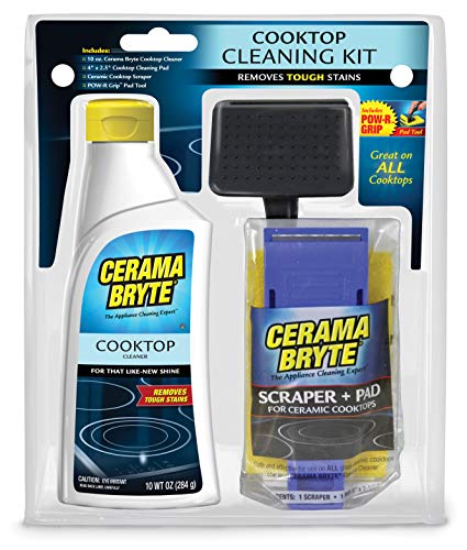 Cerama Bryte Cooktop Cleaning Kit, 10 oz Cooktop Cleaner, 1 Cleaning Pads & POW-R Grip Pad Tool, and Scraper, Heavy-duty Cleaning, Non Scratch, For Smooth-Top Cooking Surfaces and More, Biodegradable