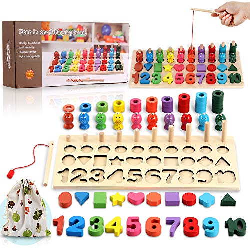 Wooden Montessori Math Puzzle Toys for Toddlers, Girls, and Boys, Shape Sorter Game for Age 3 4 5, 4 In 1 Educational Learning Toys for Fishing, Counting, Sorting & Stacking, Best Gift for Kids